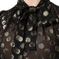Black Sheer Tied Neck Polka Dots Blouse Top