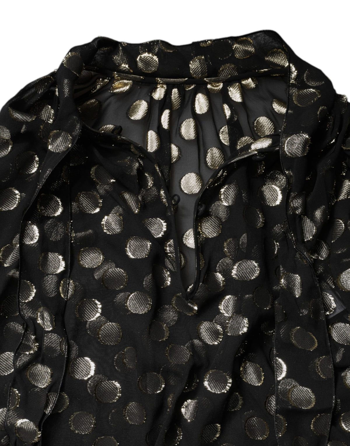Black Sheer Tied Neck Polka Dots Blouse Top