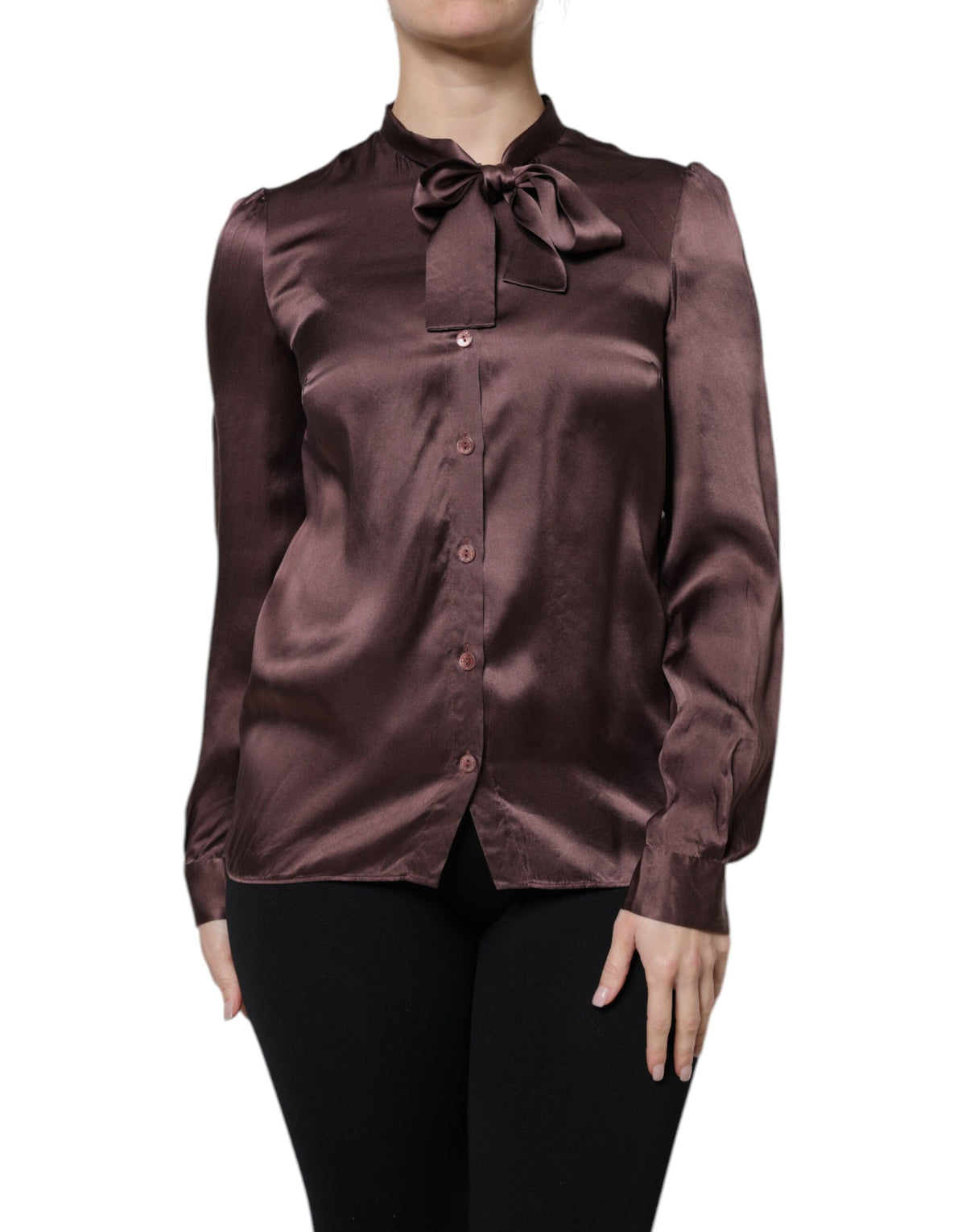 Brown Ascot Collar Long Sleeve Blouse Top