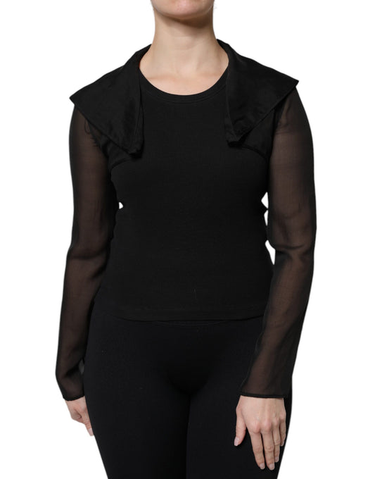 Black Silk Sheer Long Sleeves Blouse Top