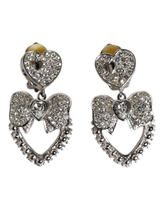 Silver Heart Bow Rhinestones Dangle Clip-On Earrings