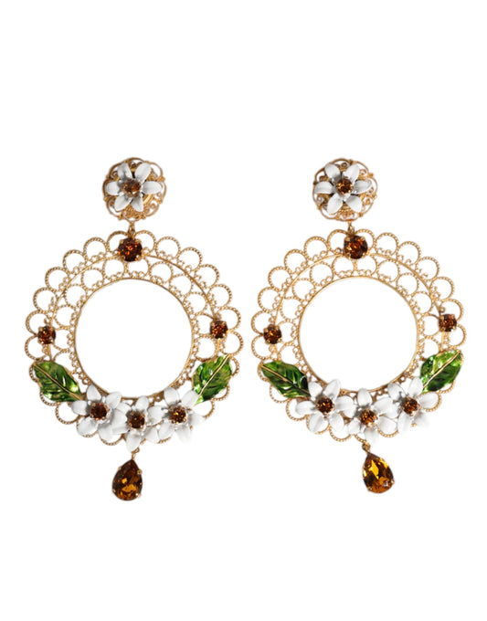 Gold Floral Filigree Hoop Enamel Amber Crystals Earrings