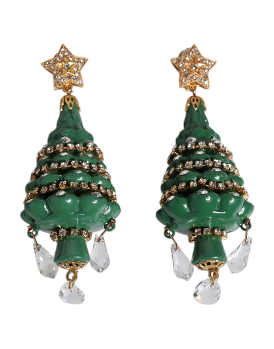 Green Enamel Christmas Tree Crystal Dangling Earrings