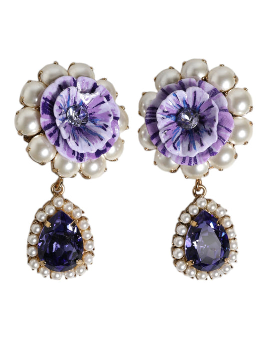 Purple Flower Pearl Teardrop Crystals Clip On Earrings