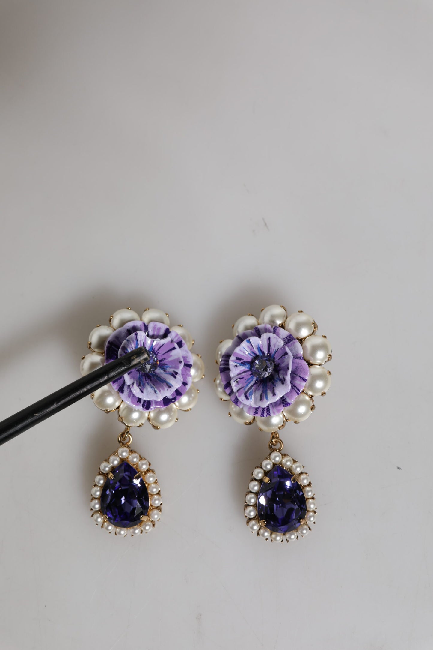 Purple Flower Pearl Teardrop Crystals Clip On Earrings