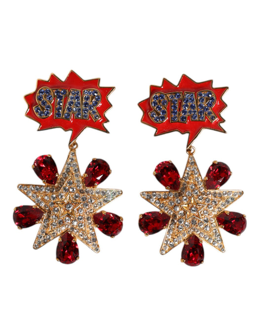 Gold Star-Shaped Sparkling Red Crystals Clip On Earrings