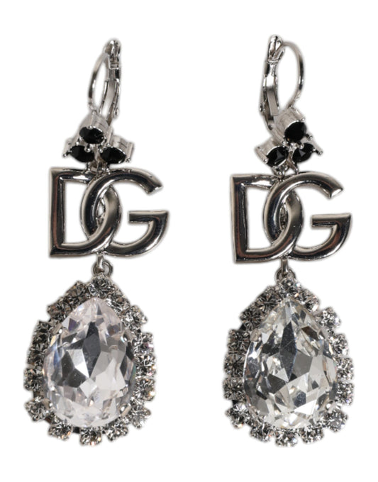 Silver Brass Crystal Teardrop DG Logo Clip On Earrings