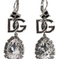 Silver Brass Crystal Teardrop DG Logo Clip On Earrings