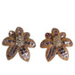 Gold Brass Purple Flower-Shaped Crystals Clip On Earrings
