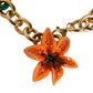 Multicolor Gold Brass Orange Lily Floral Chain Necklace