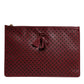 Burgundy Black Logo Embellished Men Zip Flat Pouch Bag