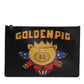 Black Leather Golden Pig Print Logo Plaque Men Pouch Bag