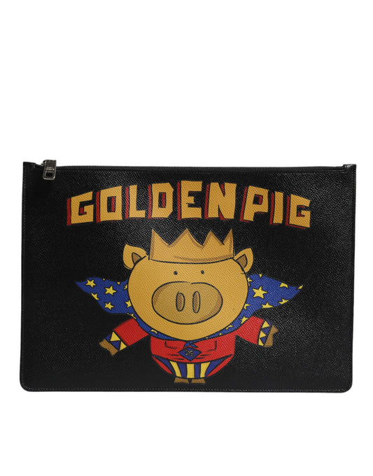 Black Leather Golden Pig Print Logo Plaque Men Pouch Bag