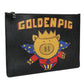 Black Leather Golden Pig Print Logo Plaque Men Pouch Bag