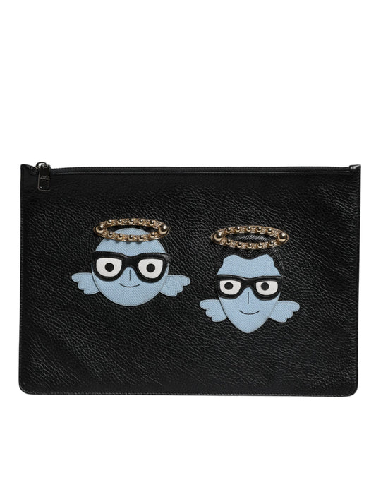 Black Leather #DGFAMILY Embellished Men Zip Pouch Bag