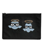 Black Leather #DGFAMILY Embellished Men Zip Pouch Bag