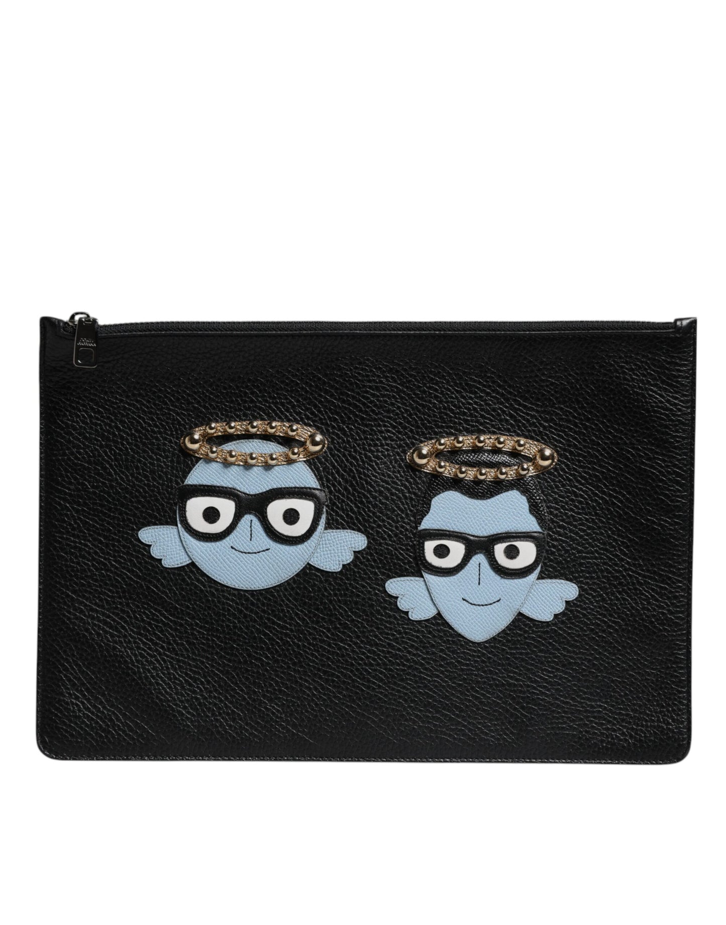 Black Leather #DGFAMILY Embellished Men Zip Pouch Bag