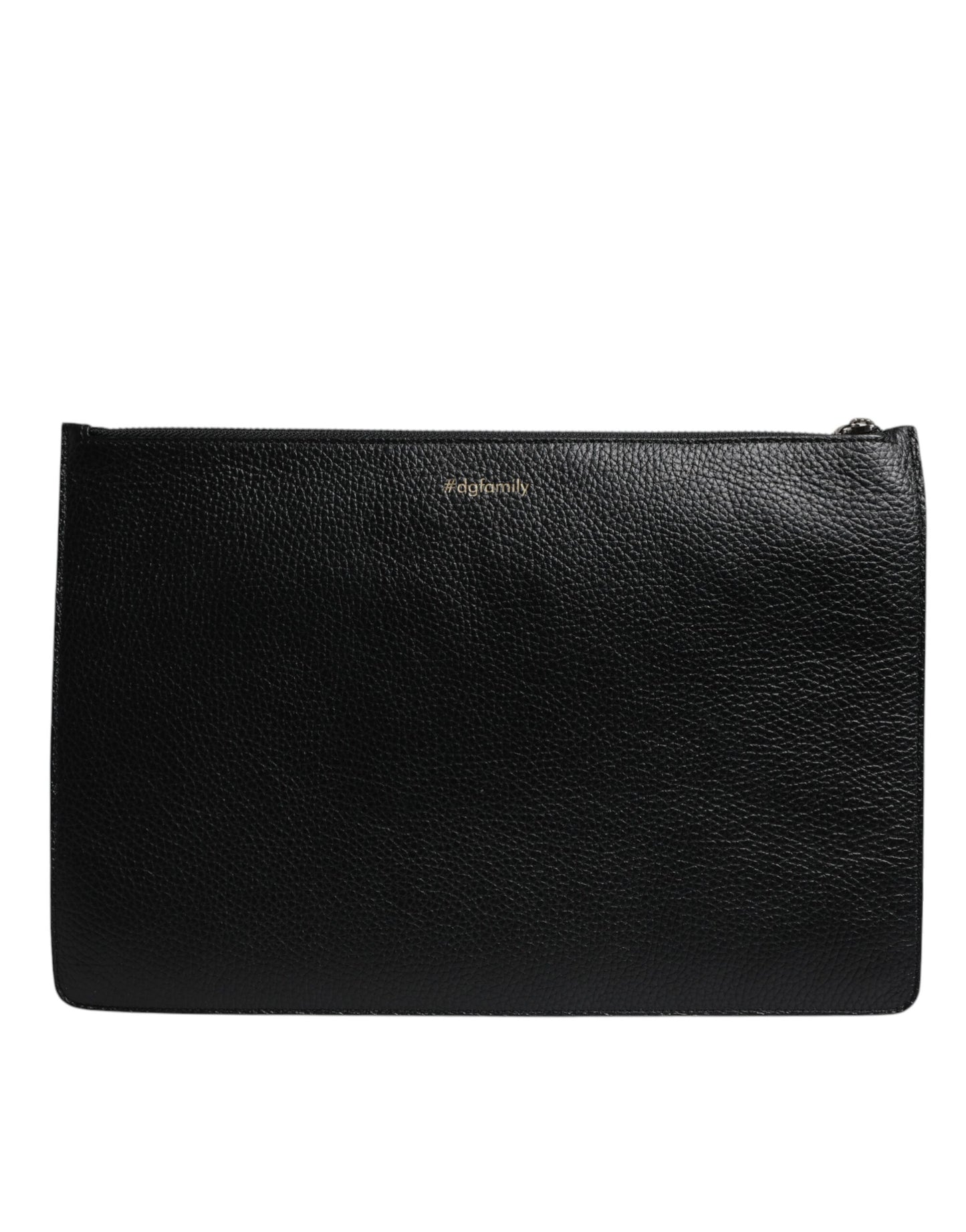 Black Leather #DGFAMILY Embellished Men Zip Pouch Bag