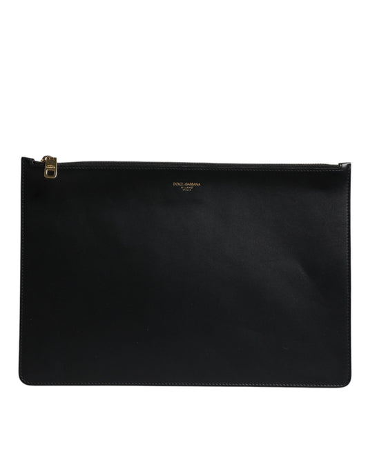 Black Solid Leather DG Logo Clutch Zip Pouch Bag