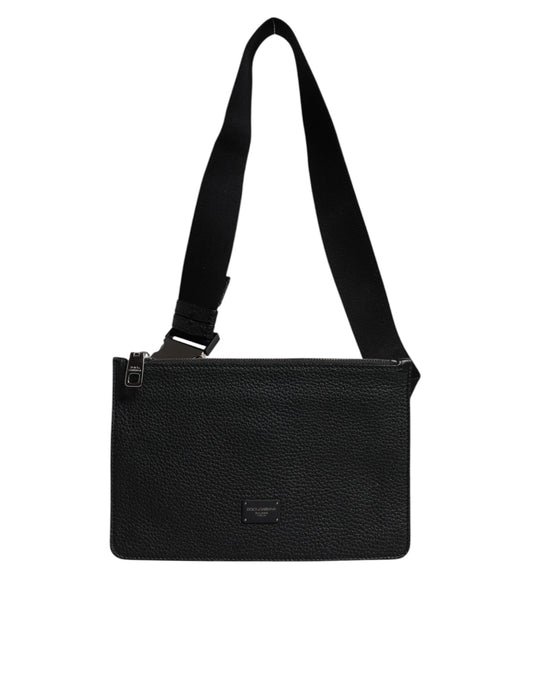 Black Leather Logo Plaque Purse Fanny Pack Bag