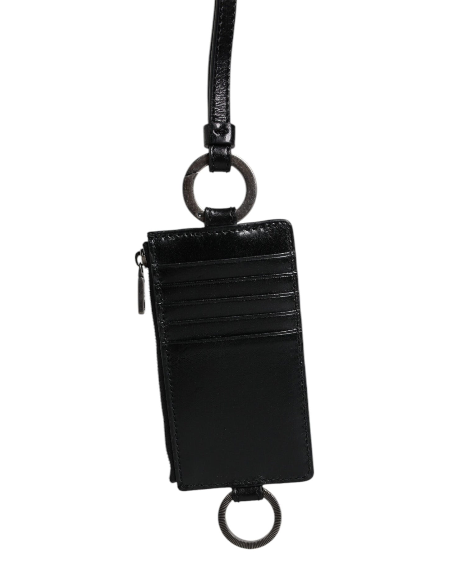 Black Calf Leather Lanyard Logo Card Holder Wallet