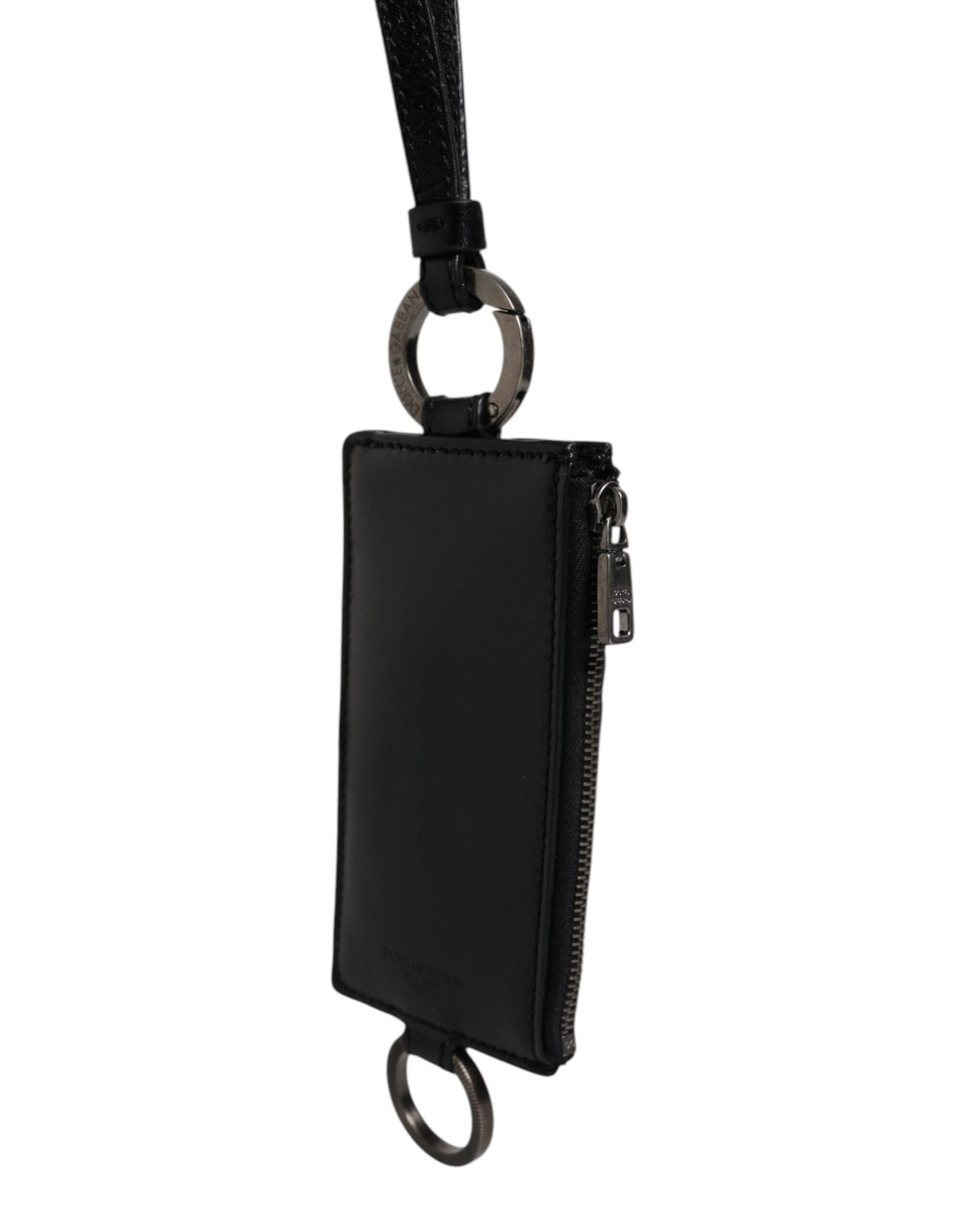 Black Calf Leather Lanyard Logo Card Holder Wallet