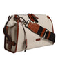 Beige Brown Cotton Leather Duffle Shoulder Bag