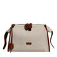 Beige Brown Cotton Leather Duffle Shoulder Bag