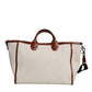 Beige Brown Cotton Leather Duffle Shoulder Bag