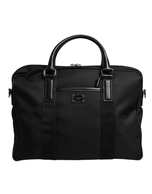 Black Leather Document Briefcase Top Handle Bag