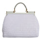 White Rafia Leather Top Handle Crossbody Bag