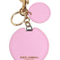 Pink Calf Leather Gold Metal Logo Print Keyring Keychain