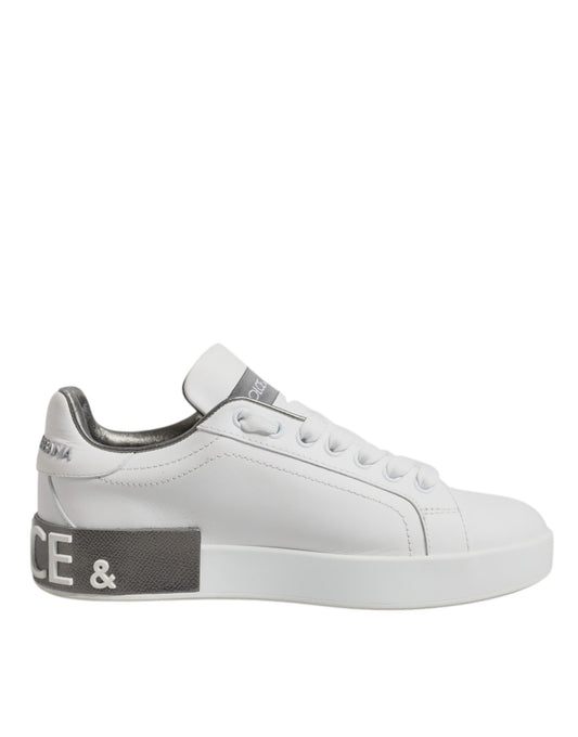 White Gray Leather Low Top Sneakers Shoes