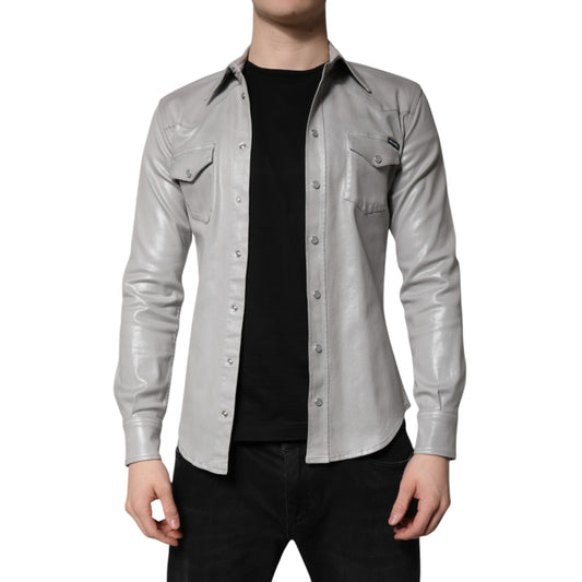 Metallic Gray Cotton Button Down Shirt