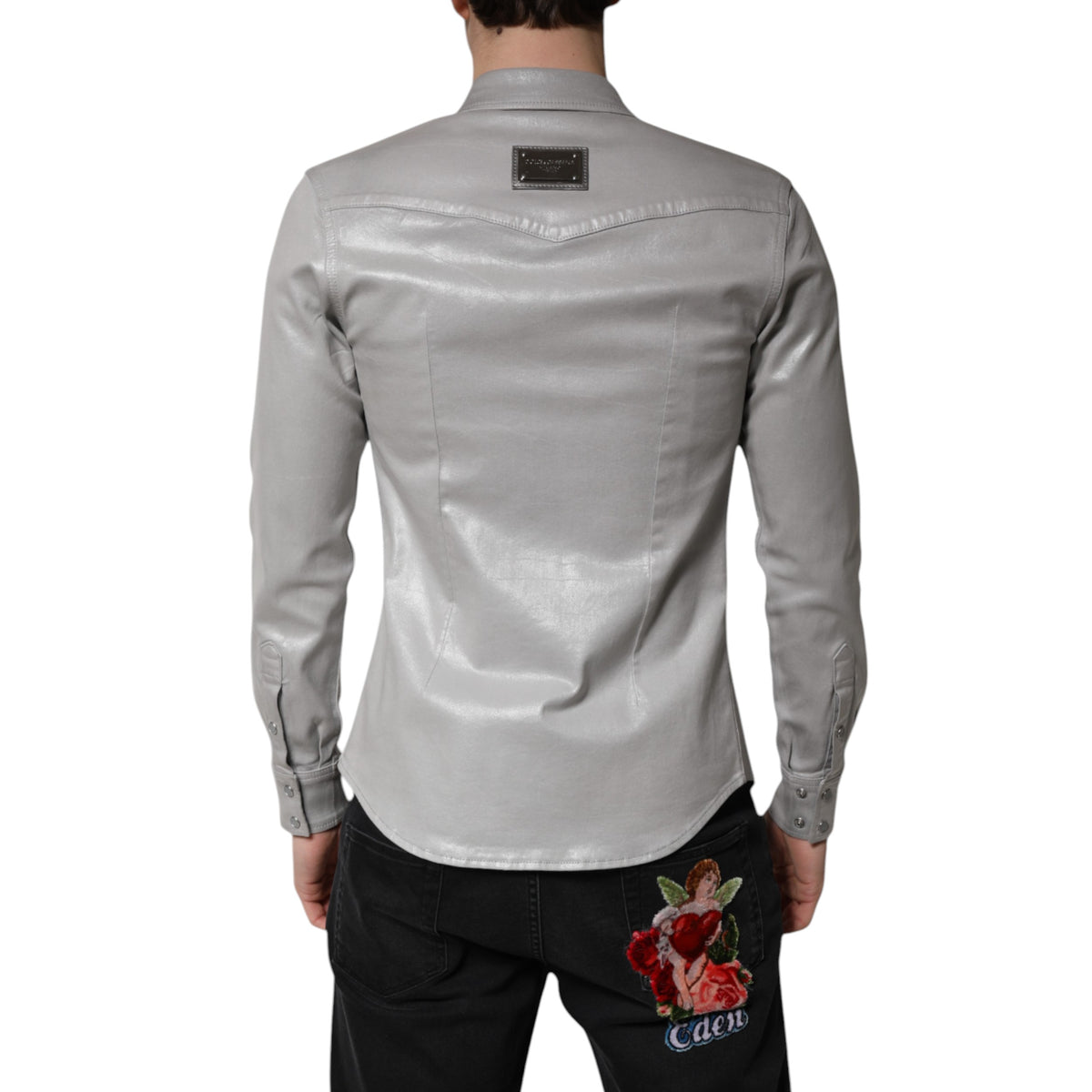 Metallic Gray Cotton Button Down Shirt