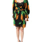 Black Silk Pineapple Draped Print Wrap Dress