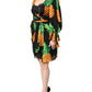 Black Silk Pineapple Draped Print Wrap Dress