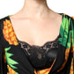 Black Silk Pineapple Draped Print Wrap Dress