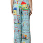 Light Blue Drawing Mid Waist Wide Leg Pants