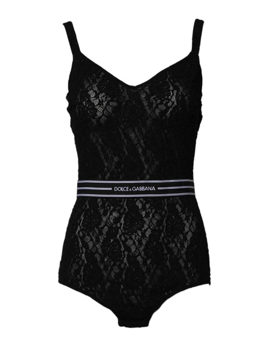 Black Lace Branded Elastic Lingerie Bodysuit Underwear