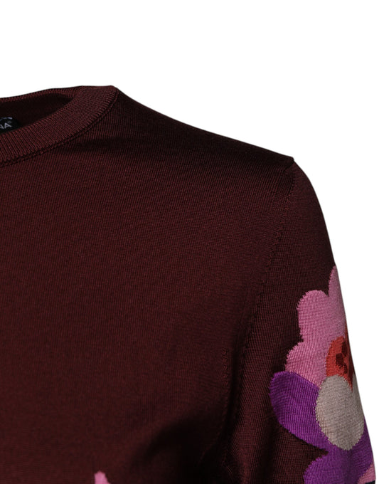 Maroon Floral Silk Crew Neck Blouse Top