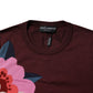 Maroon Floral Silk Crew Neck Blouse Top