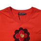 Red Floral Embroidery Cotton Crew Neck T-shirt