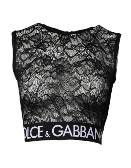 Black Nylon Floral Lace Sleeveless Crop Top