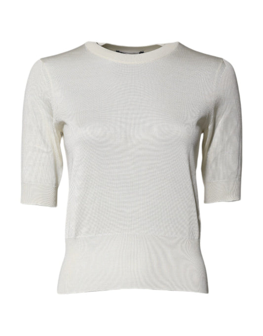 Cream Short Sleeve Silk Round Neck Blouse Top