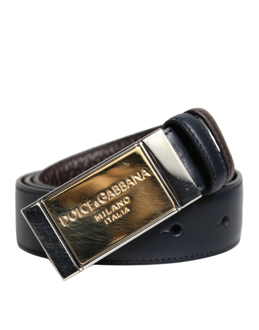 Blue Brown Leather Buckle Reversible Belt