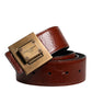 Dark Brown Leather Gold Metal Buckle Belt
