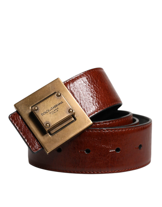 Dark Brown Leather Gold Metal Buckle Belt