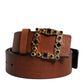 Brown Leather Gold Crystal Buckle Belt