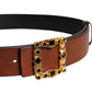 Brown Leather Gold Crystal Buckle Belt